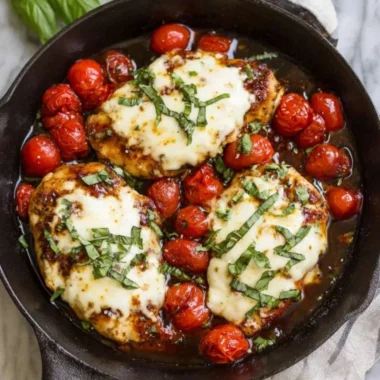 Delicious Chicken Caprese Skillet with fresh basil, tomatoes, and mozzarella