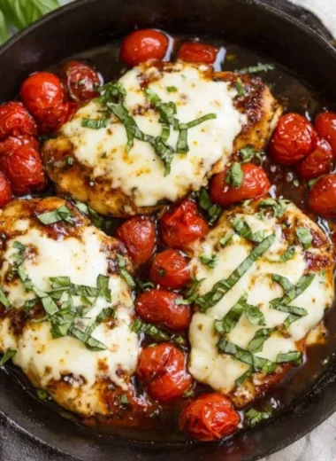 Delicious Chicken Caprese Skillet with fresh basil, tomatoes, and mozzarella