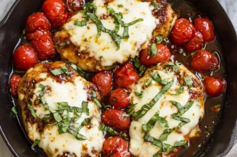 Delicious Chicken Caprese Skillet with fresh basil, tomatoes, and mozzarella