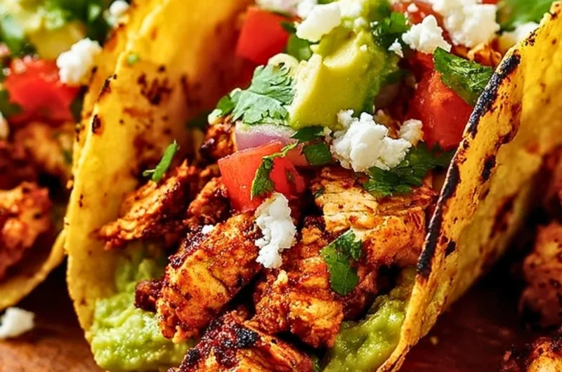 Delicious Chicken Street Tacos garnished with fresh toppings