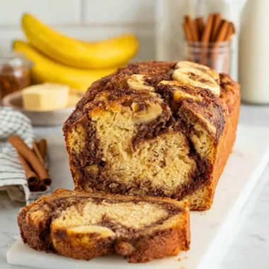 Cinnamon Swirl Banana Bread fresh out of the oven, sliced and ready to serve.