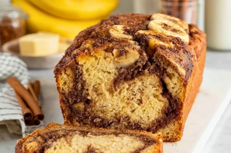 Cinnamon Swirl Banana Bread fresh out of the oven, sliced and ready to serve.