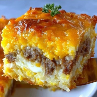 Delicious classic breakfast hashbrown casserole served hot.