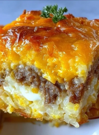 Delicious classic breakfast hashbrown casserole served hot.