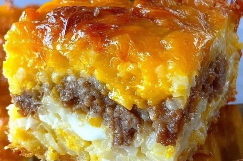 Delicious classic breakfast hashbrown casserole served hot.