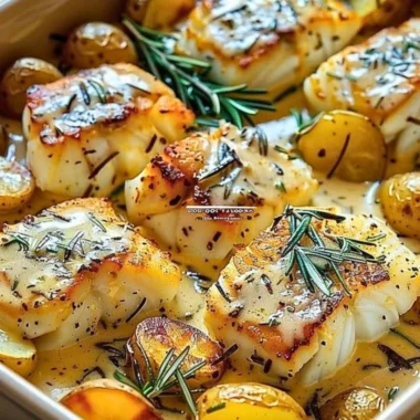 Plate of cod and potatoes in rosemary cream sauce garnished with herbs
