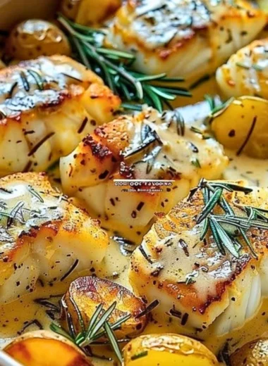 Plate of cod and potatoes in rosemary cream sauce garnished with herbs