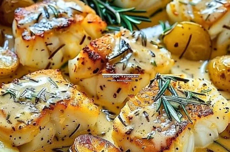 Plate of cod and potatoes in rosemary cream sauce garnished with herbs