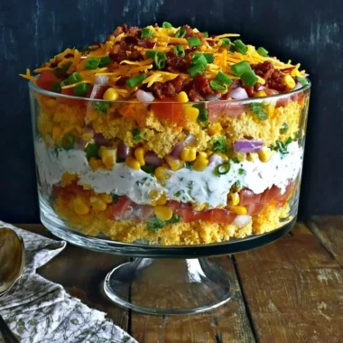 Colorful Cornbread Salad with vegetables and dressing in a bowl
