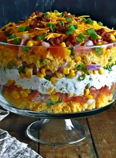 Colorful Cornbread Salad with vegetables and dressing in a bowl