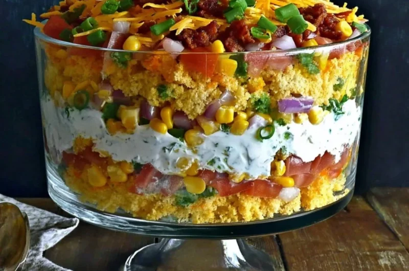 Colorful Cornbread Salad with vegetables and dressing in a bowl