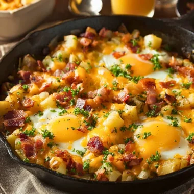 Delicious country breakfast skillet with eggs, vegetables, and sausage.