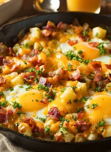Delicious country breakfast skillet with eggs, vegetables, and sausage.