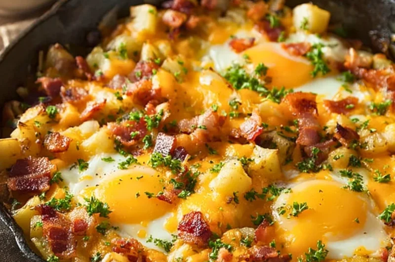 Delicious country breakfast skillet with eggs, vegetables, and sausage.