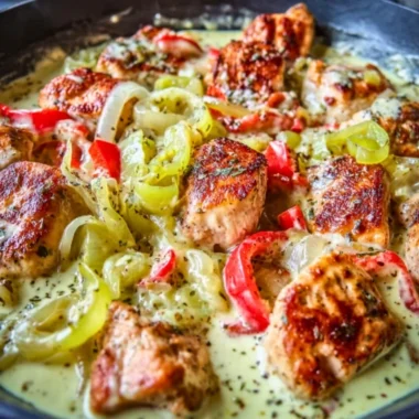Creamy Banana Pepper Chicken Skillet in a pan with fresh ingredients