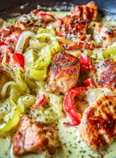 Creamy Banana Pepper Chicken Skillet in a pan with fresh ingredients