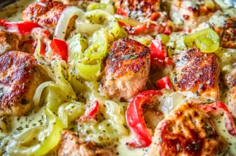 Creamy Banana Pepper Chicken Skillet in a pan with fresh ingredients