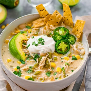 Creamy Crockpot white chicken chili served in a bowl with garnishes