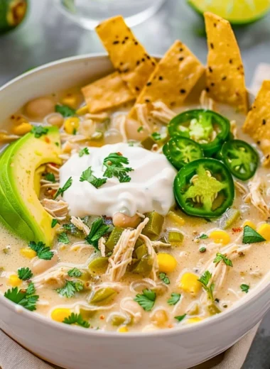 Creamy Crockpot white chicken chili served in a bowl with garnishes