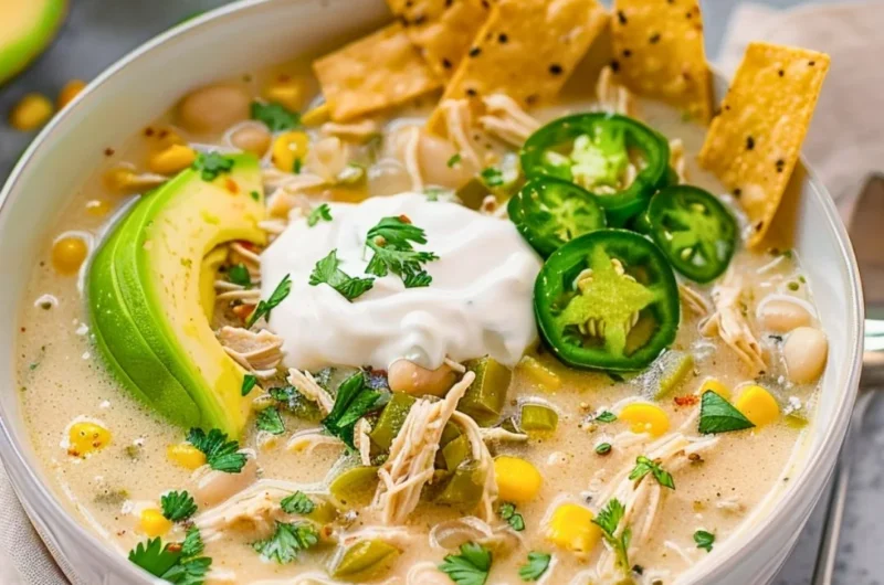 Creamy Crockpot white chicken chili served in a bowl with garnishes