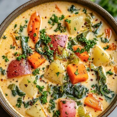 Creamy spring vegetable soup with fresh herbs and vibrant vegetables