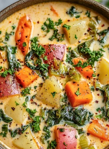 Creamy spring vegetable soup with fresh herbs and vibrant vegetables