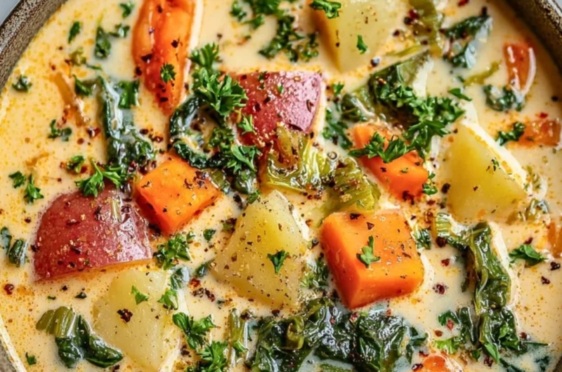 Creamy spring vegetable soup with fresh herbs and vibrant vegetables