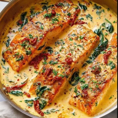 Creamy Tuscan salmon with spinach and sun-dried tomatoes on a plate