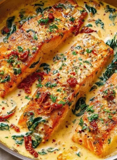 Creamy Tuscan salmon with spinach and sun-dried tomatoes on a plate