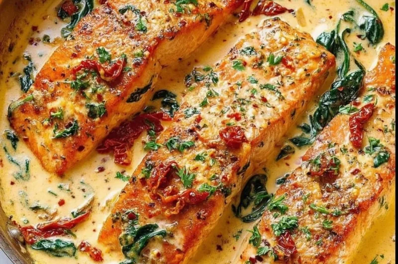 Creamy Tuscan salmon with spinach and sun-dried tomatoes on a plate
