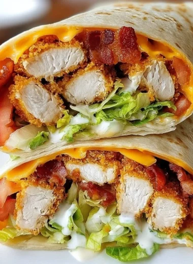 Delicious crispy chicken bacon ranch wrap filled with fresh ingredients