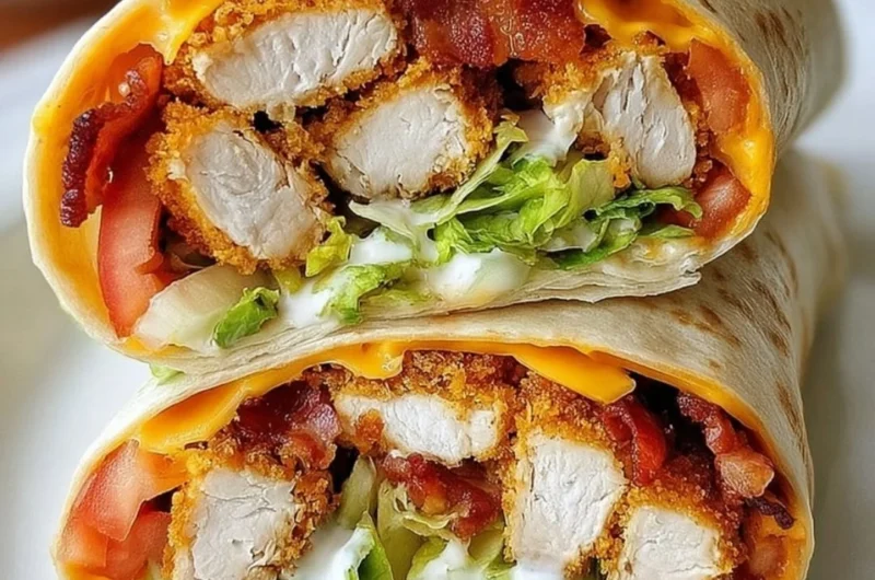 Delicious crispy chicken bacon ranch wrap filled with fresh ingredients