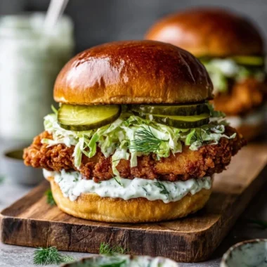 Crispy dill chicken sandwich served with pickles and lettuce on a wooden board.