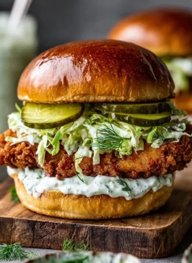 Crispy dill chicken sandwich served with pickles and lettuce on a wooden board.