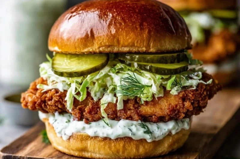 Crispy dill chicken sandwich served with pickles and lettuce on a wooden board.