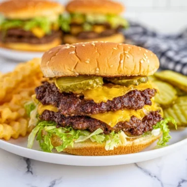 Delicious Blackstone smash burgers cooking on a grill with toppings