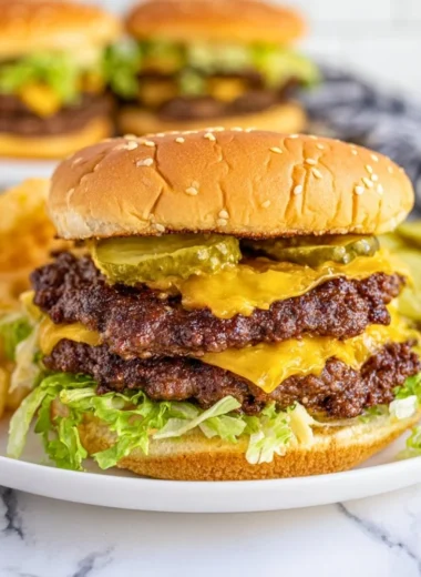 Delicious Blackstone smash burgers cooking on a grill with toppings