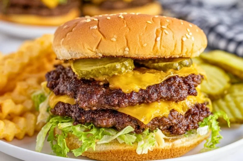 Delicious Blackstone smash burgers cooking on a grill with toppings