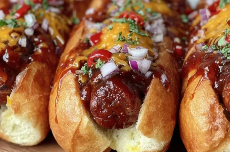 Flavorful firecracker hot dogs with spicy toppings on a grill