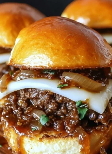 Delicious French Onion Beef Sloppy Joes served on a bun with melted cheese.