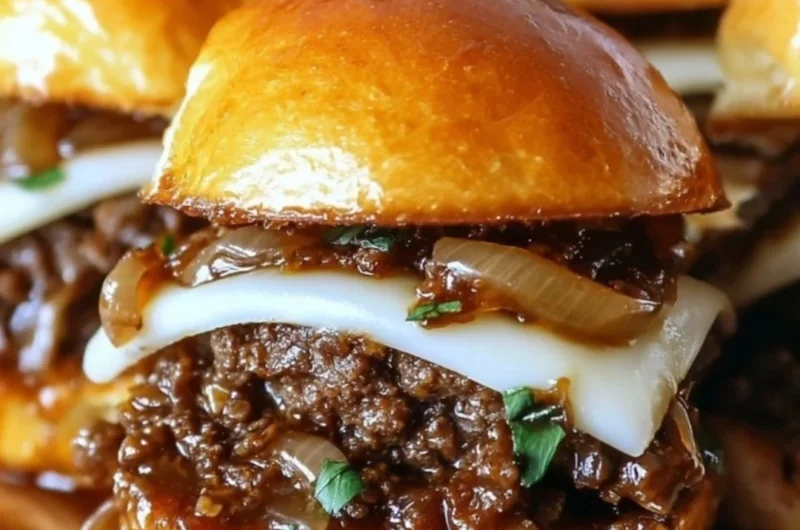 Delicious French Onion Beef Sloppy Joes served on a bun with melted cheese.