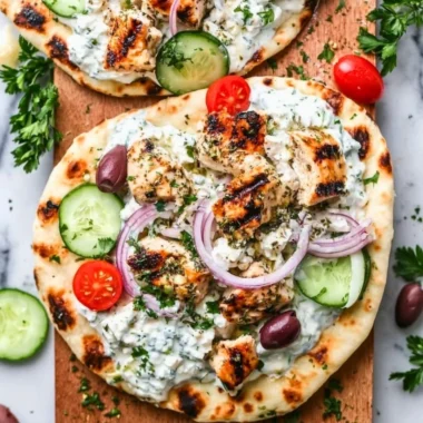 Greek Chicken Flatbread topped with fresh vegetables and herbs
