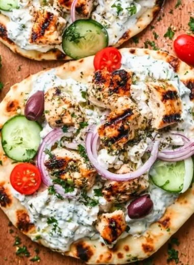 Greek Chicken Flatbread topped with fresh vegetables and herbs