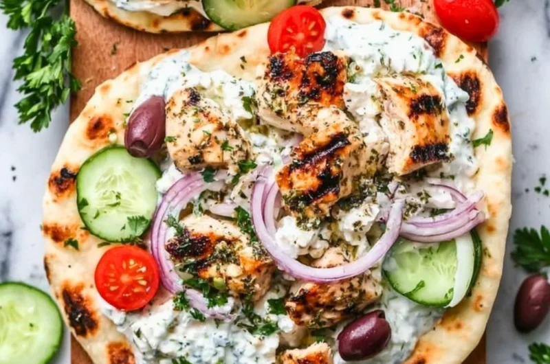 Greek Chicken Flatbread topped with fresh vegetables and herbs