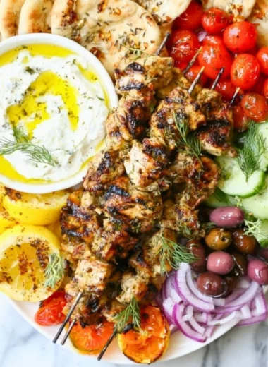 Delicious Greek Chicken Kabobs with vibrant vegetables on a grill