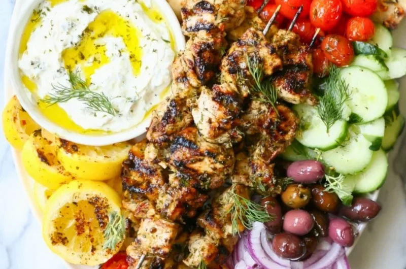 Delicious Greek Chicken Kabobs with vibrant vegetables on a grill