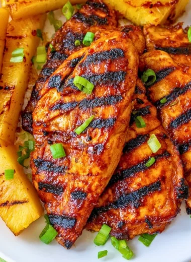 Delicious grilled Aloha Chicken garnished with pineapple and herbs