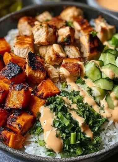 Delicious grilled chicken salad with fresh greens and vegetables