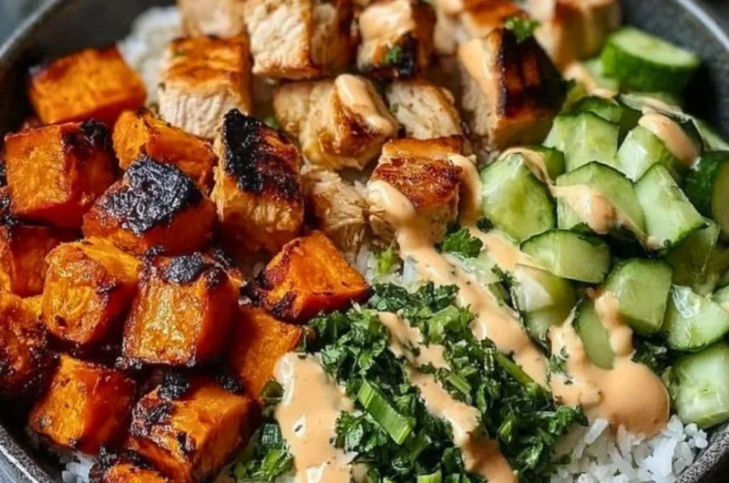 Delicious grilled chicken salad with fresh greens and vegetables