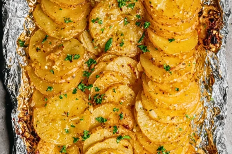 Grilled potatoes in foil packets on a barbecue grill.
